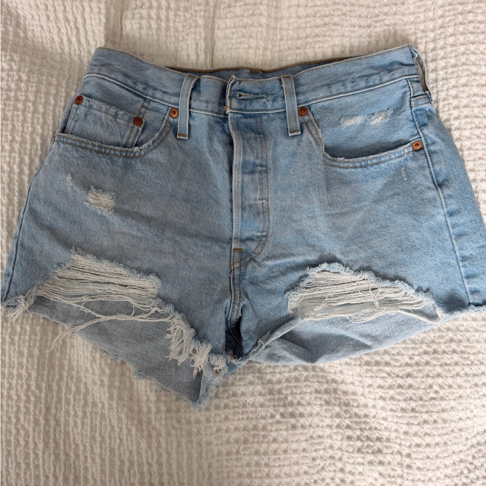 Distressed Light Blue Denim Shorts